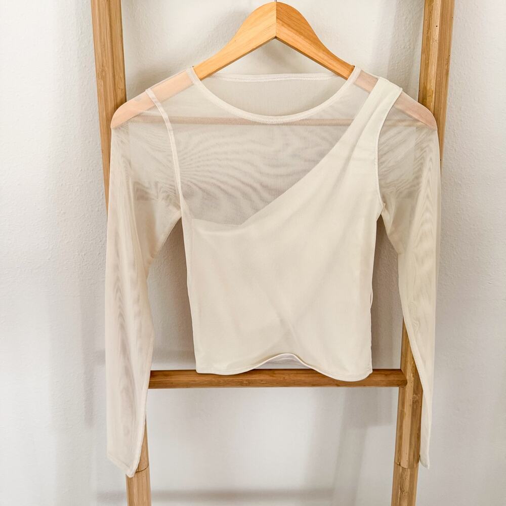 Abercrombie & Fitch Mesh One Shoulder Long Sleeve Top Cream XS